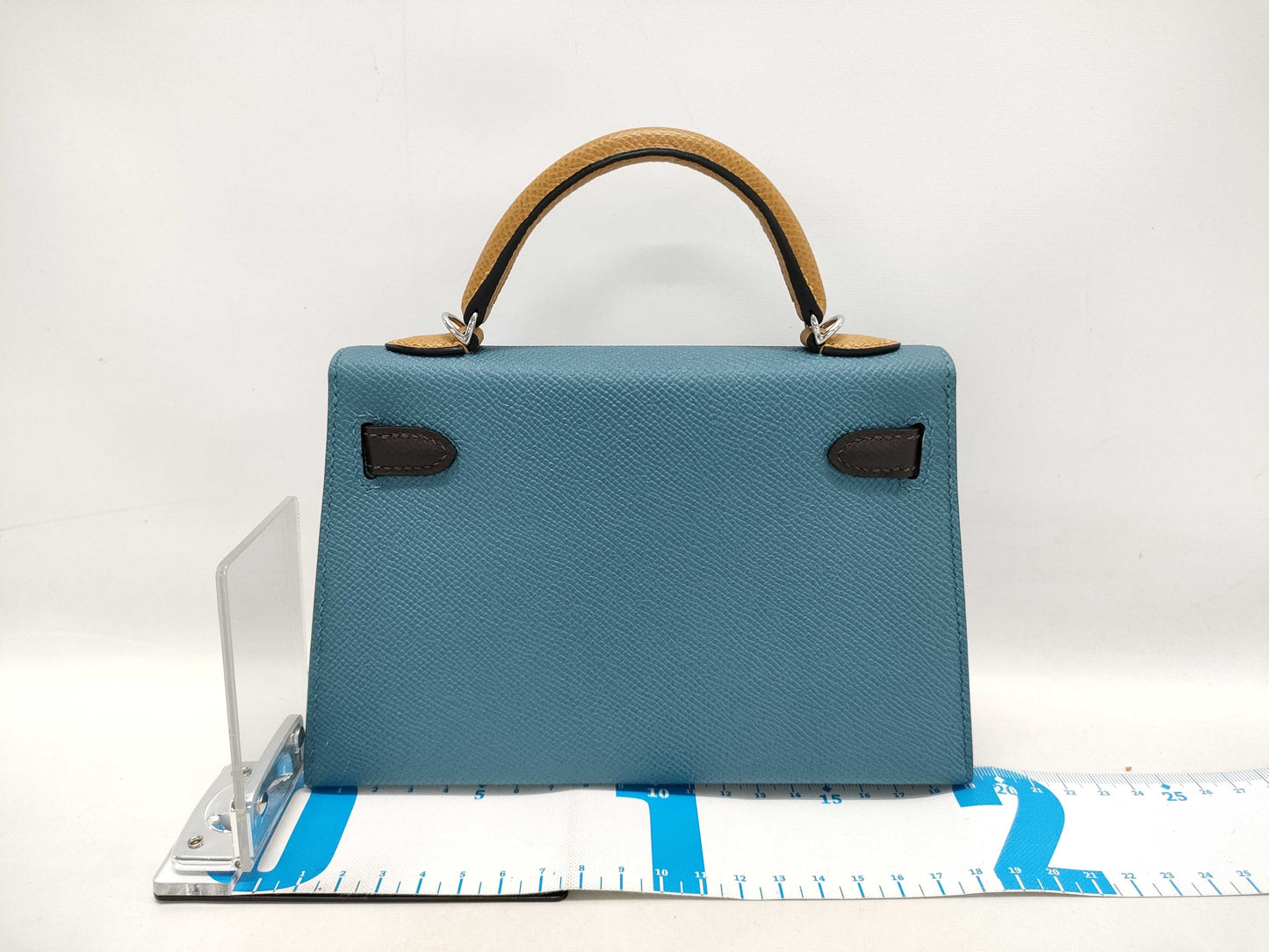 HERMES Kelly Hermès Mini Kelly Epson Tricolor Blue Jean Ecru Sesame Silver Hardware Double Stamp Shoulder Bag