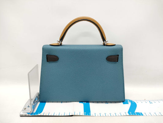 HERMES Kelly Hermès Mini Kelly Epson Tricolor Blue Jean Ecru Sesame Silver Hardware Double Stamp Shoulder Bag