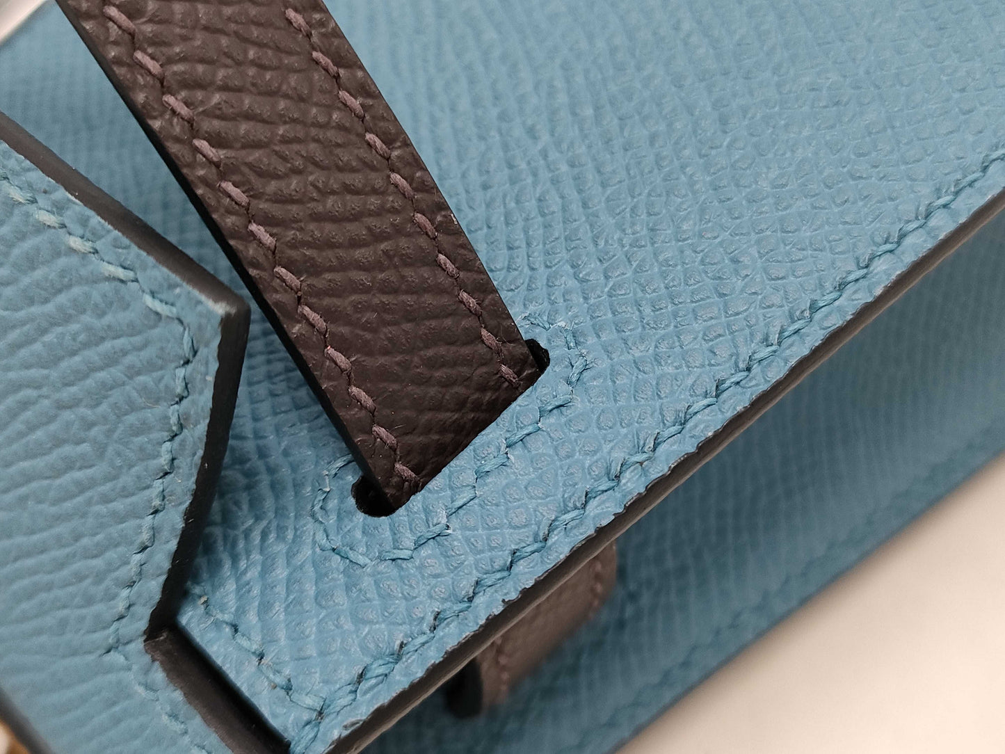 HERMES Kelly Hermès Mini Kelly Epson Tricolor Blue Jean Ecru Sesame Silver Hardware Double Stamp Shoulder Bag