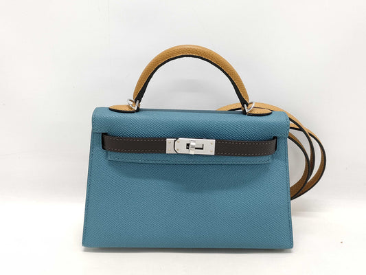 HERMES Kelly Hermès Mini Kelly Epson Tricolor Blue Jean Ecru Sesame Silver Hardware Double Stamp Shoulder Bag