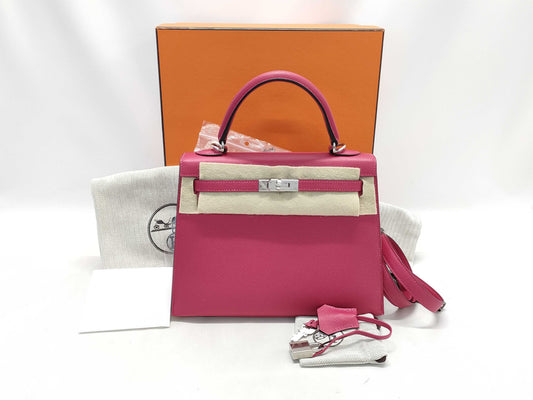 HERMES Kelly 25 Epsom Leather, Raspberry Leather, Silver Hardware, Z Stamp, Shoulder Bag