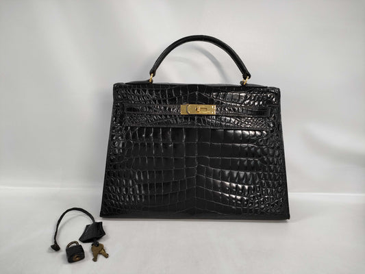 HERMES Kelly 32 Serie Caiman Black with Gold Hardware ○L Handbag