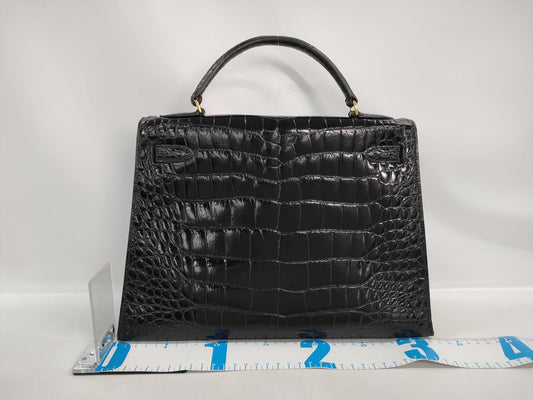 HERMES Kelly 32 Serie Caiman Black with Gold Hardware ○L Handbag