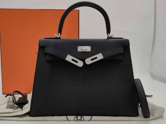 HERMES Kelly 28 Epson Black B-stamped Handbag