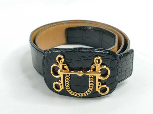 HERMES Niloticus Belt with Horse Harness Motif, Black, 〇G Belt