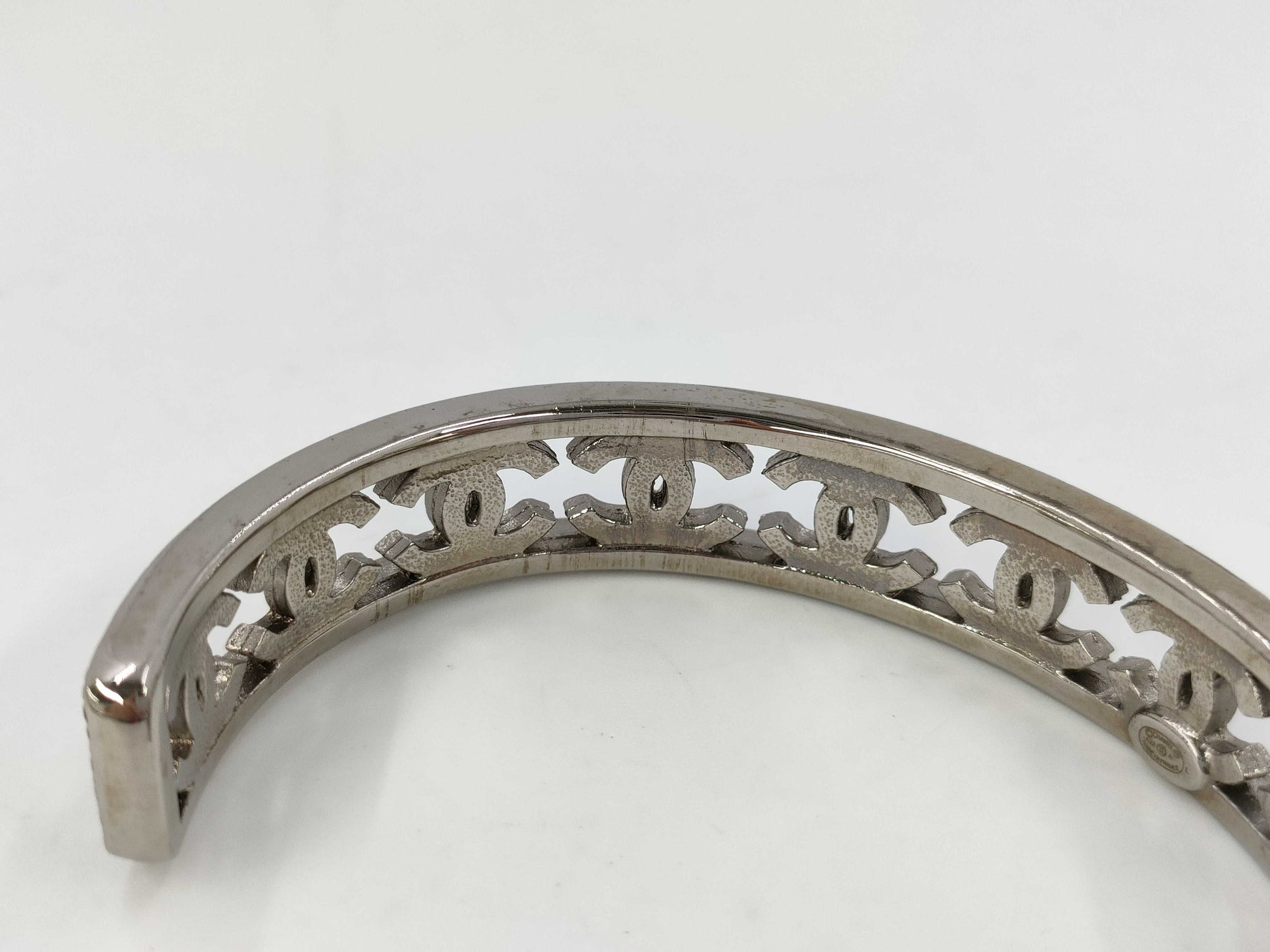 CHANEL Coco Mark Rhinestone Bangle Silver A22A Bracelet/Bangle
