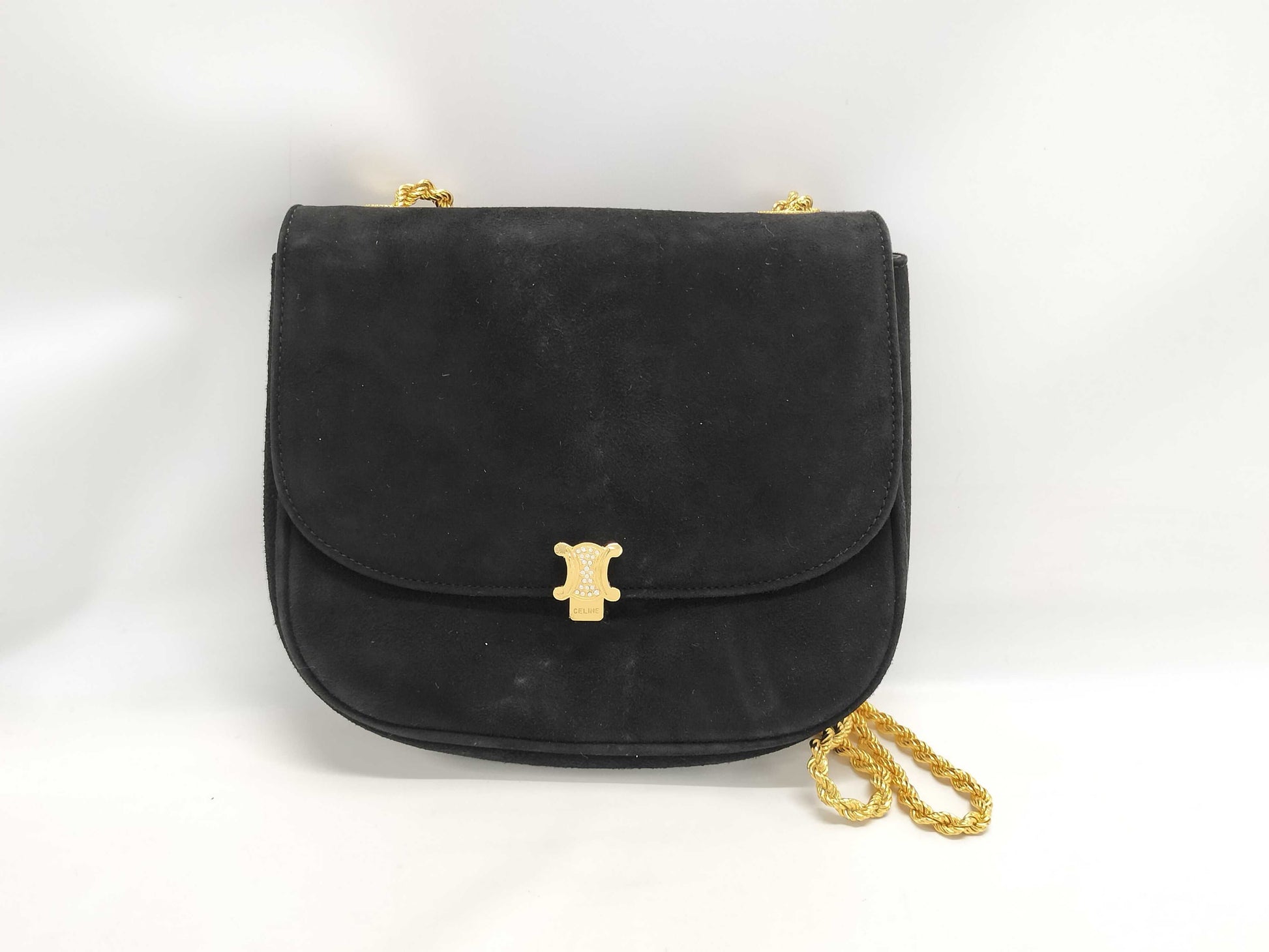 CELINE Suede Macadam Rhinestone Chain Shoulder Bag