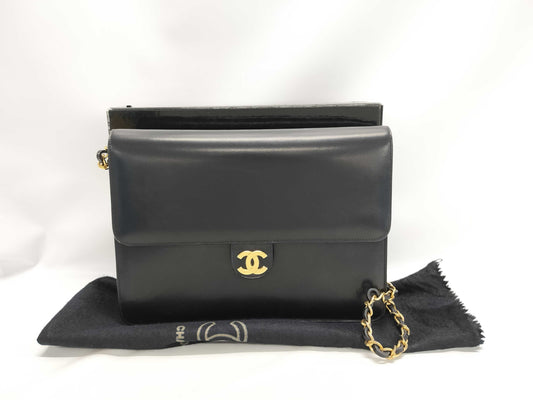 CHANEL Calfskin Push Lock Black Shoulder Bag