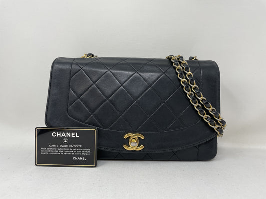 CHANEL Diana Matelasse Shoulder Bag in Black with Seal Card