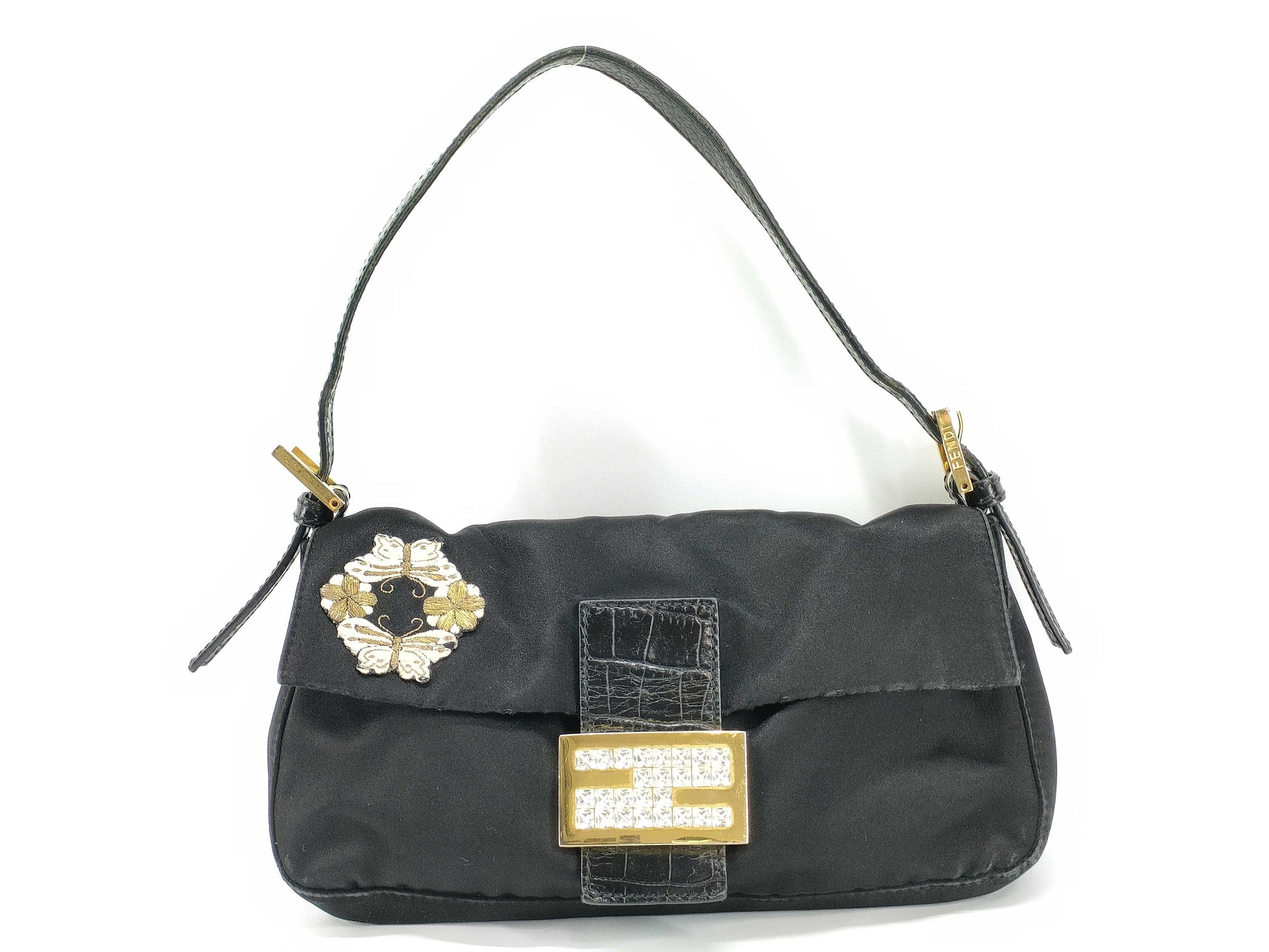 FENDI Mamma Rhinestone Embroidered Floral Crocodile Mamma Bucket Handbag
