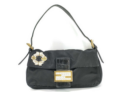 FENDI Mamma Rhinestone Embroidered Floral Crocodile Mamma Bucket Handbag