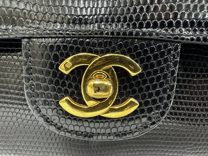 CHANEL Chanel Chain Shoulder Bag, Lizard Leather, Black, W23cm, with Seal