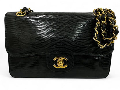 CHANEL Chanel Chain Shoulder Bag, Lizard Leather, Black, W23cm, with Seal