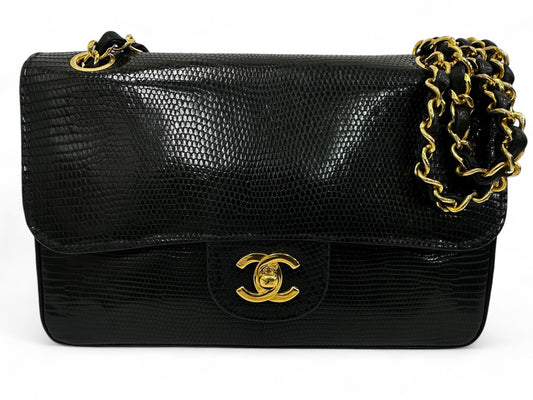 CHANEL Chanel Chain Shoulder Bag, Lizard Leather, Black, W23cm, with Seal
