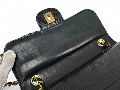 CHANEL Chanel Chain Shoulder Bag, Lizard Leather, Black, W23cm, with Seal