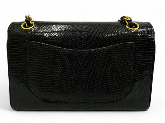 CHANEL Chanel Chain Shoulder Bag, Lizard Leather, Black, W23cm, with Seal