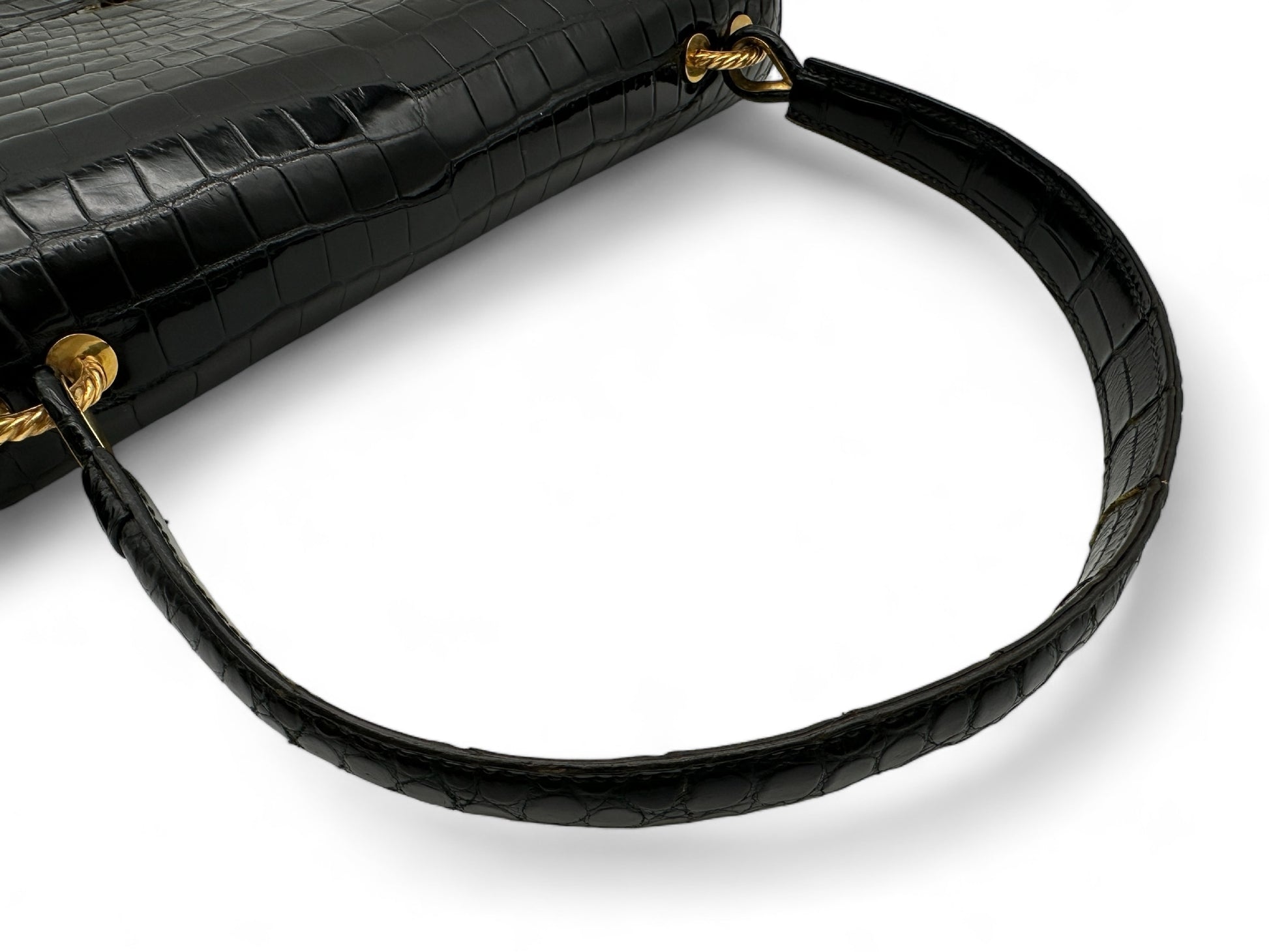 HERMES Vintage Crocodile Black with Gold Hardware, W24.5cm Handbag