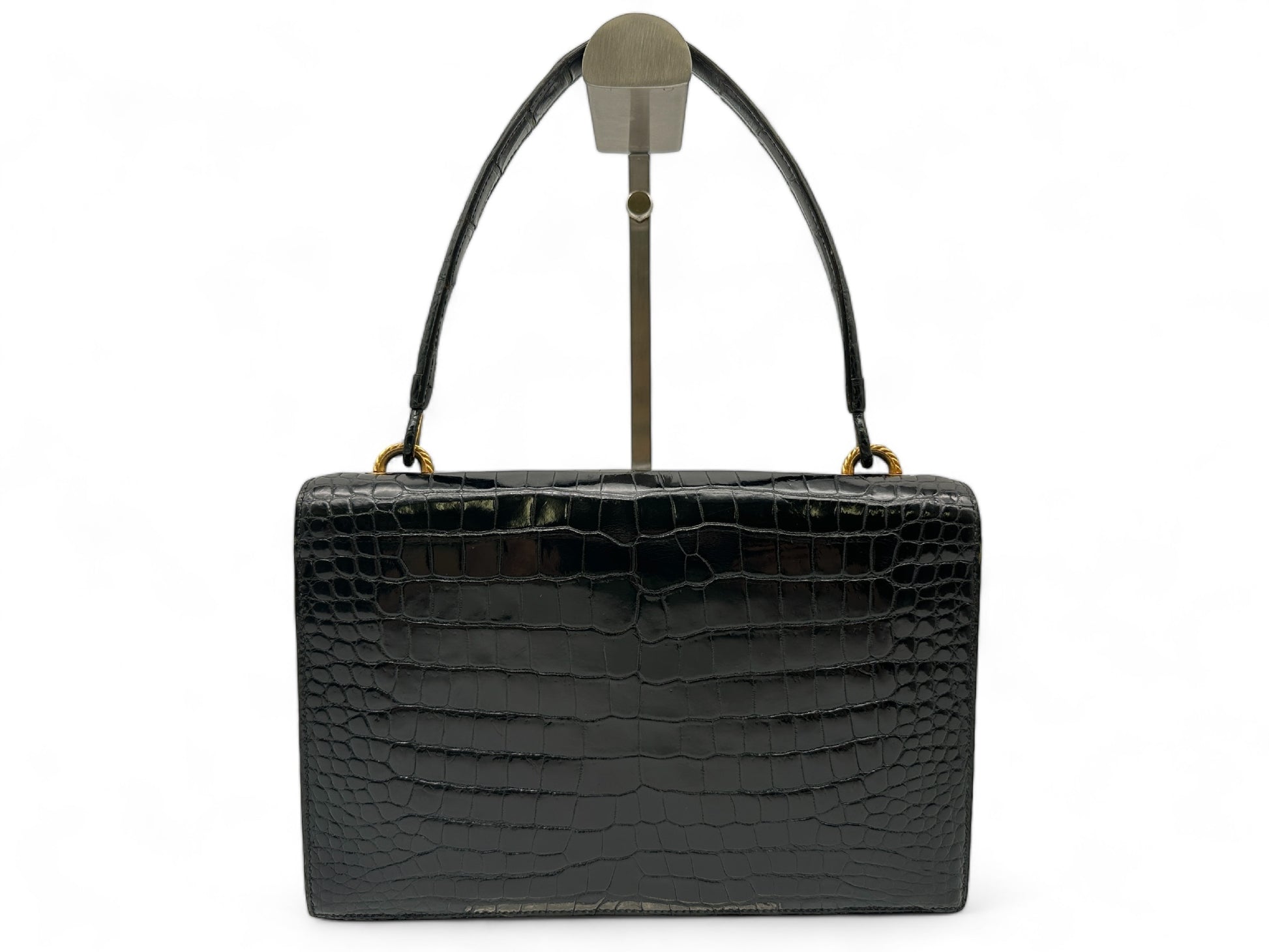 HERMES Vintage Crocodile Black with Gold Hardware, W24.5cm Handbag