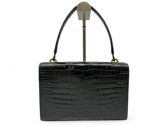 HERMES Vintage Crocodile Black with Gold Hardware, W24.5cm Handbag