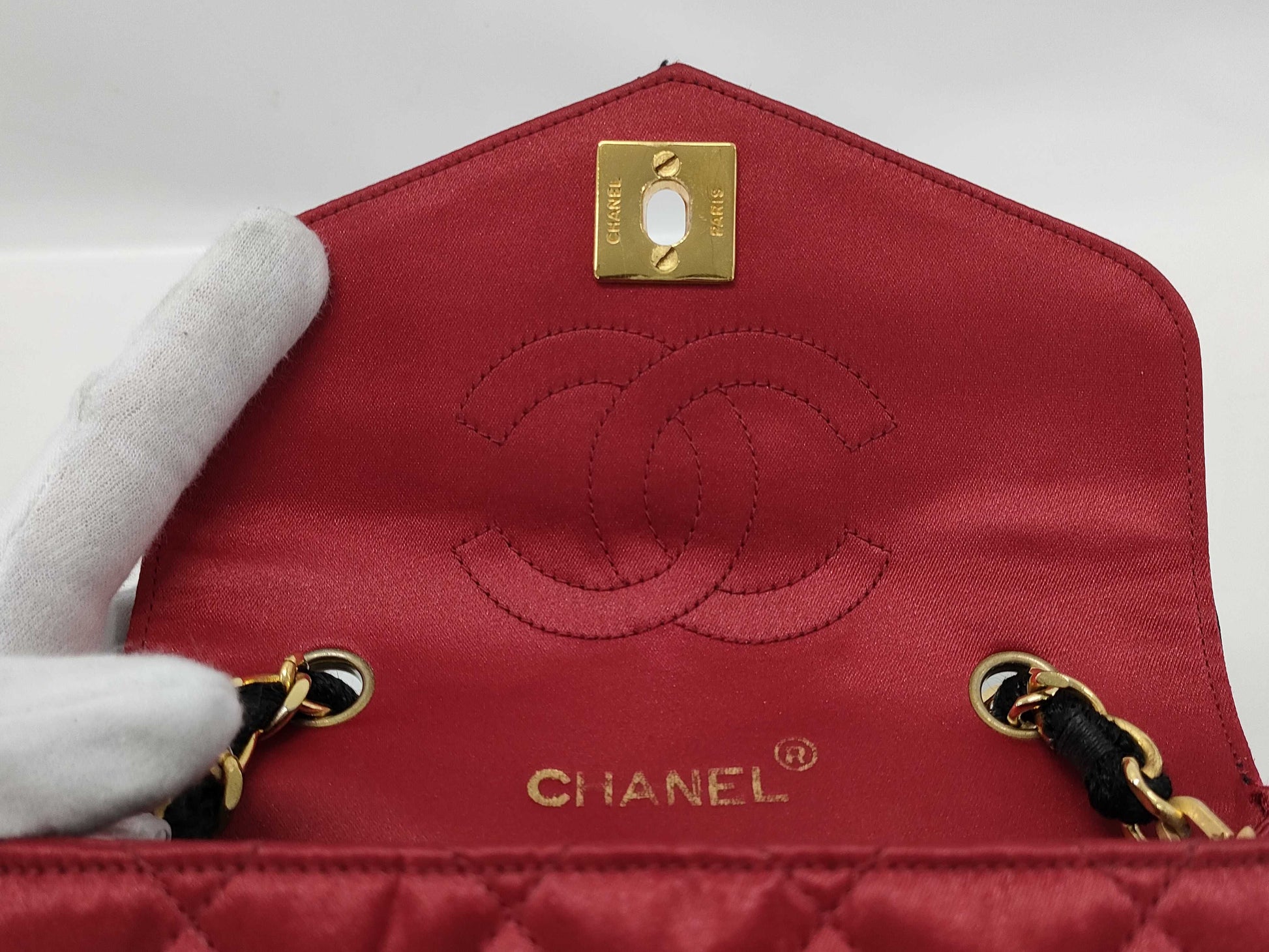 CHANEL Matelasse Silk Satin Mini Shoulder Bag, Two-Tone Black and Red