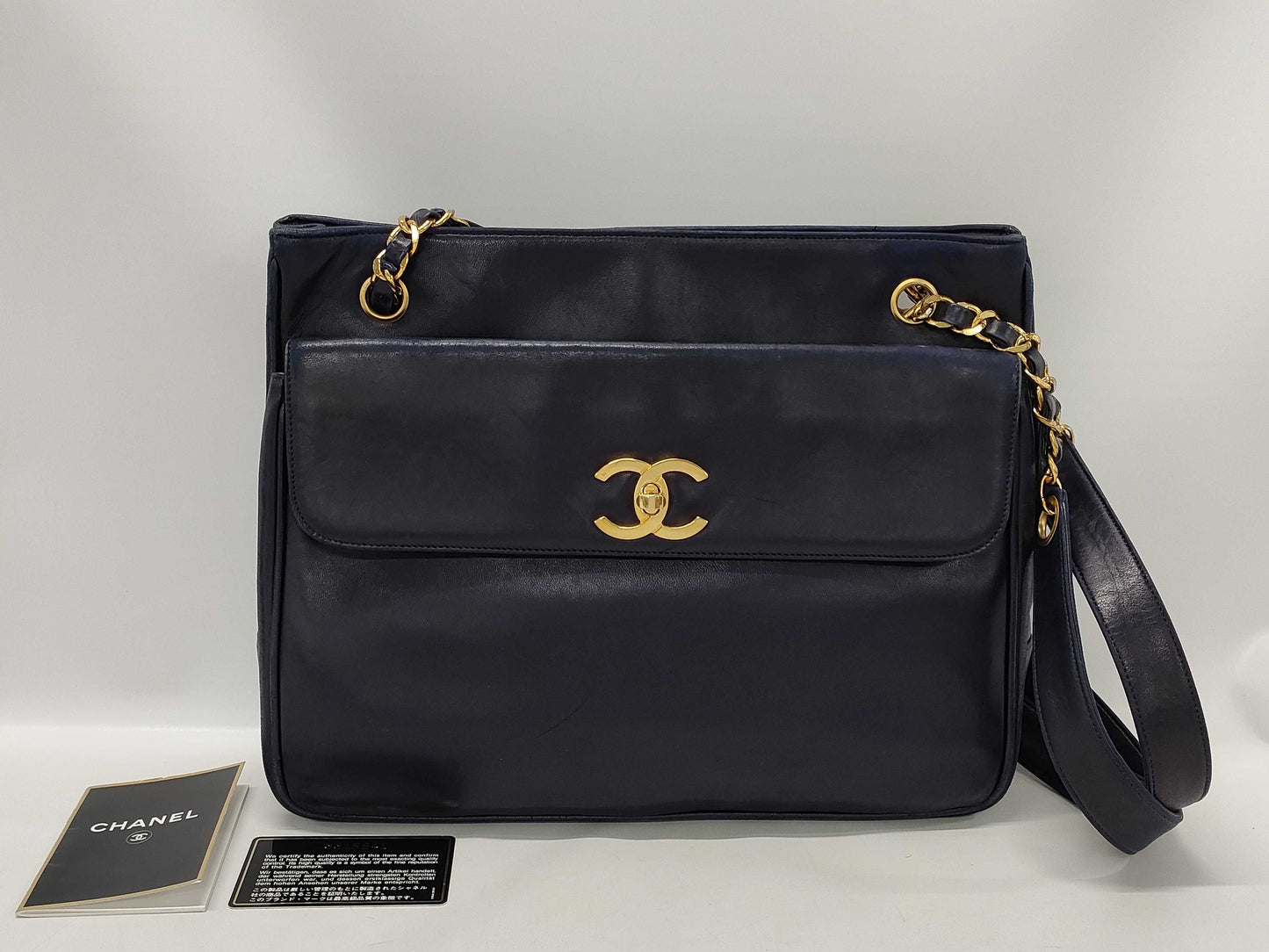 CHANEL Lambskin Chain Shoulder Bag Navy