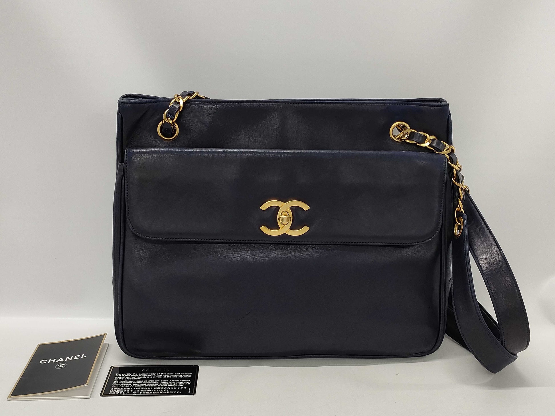 CHANEL Lambskin Chain Shoulder Bag Navy