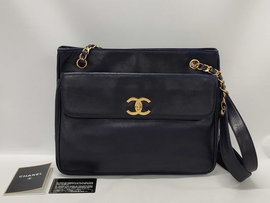 CHANEL Lambskin Chain Shoulder Bag Navy