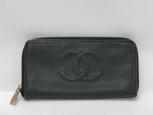 CHANEL Caviar Leather Long Wallet Black Wallet