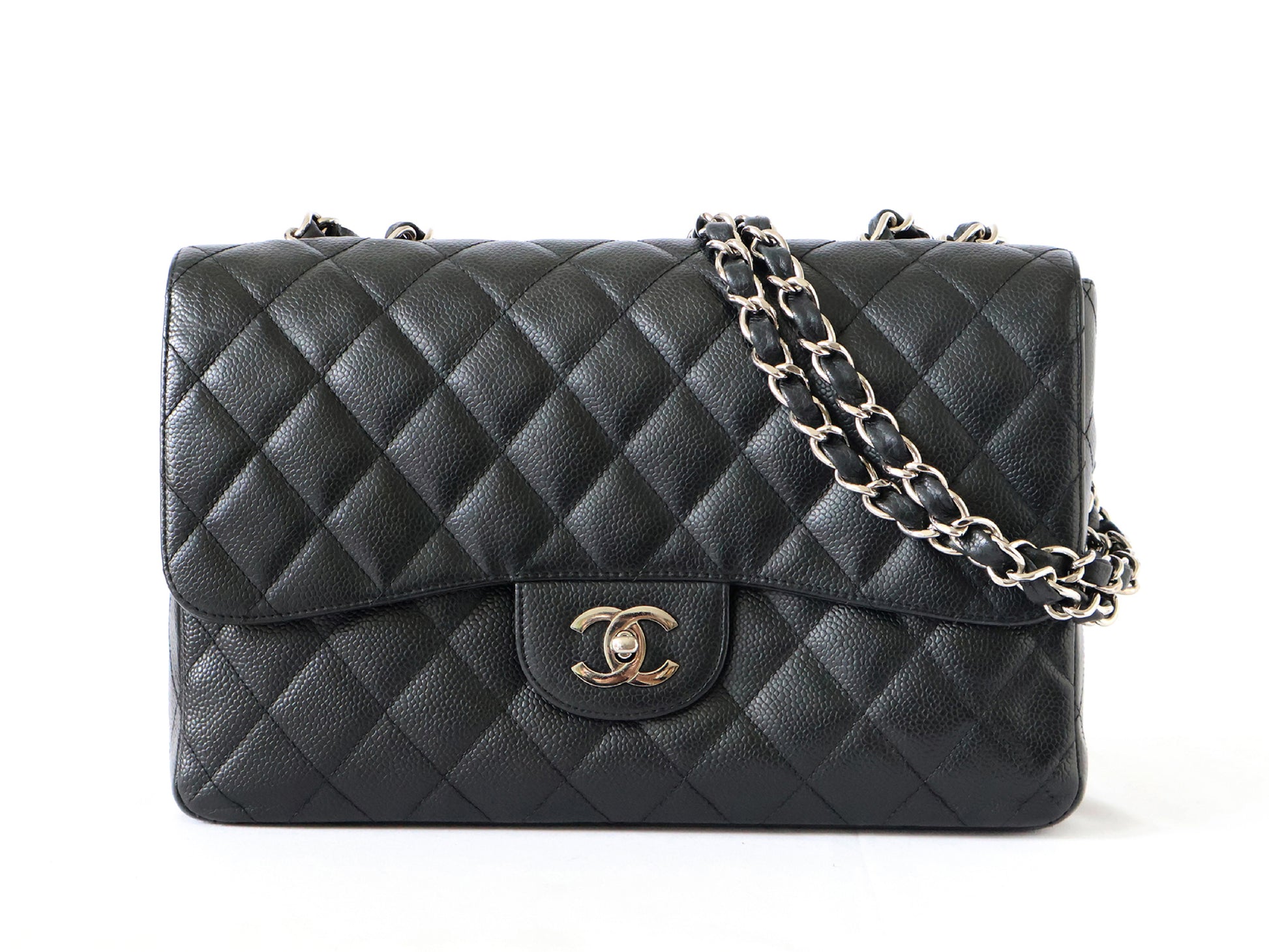 CHANEL Seal 11 Series Caviar Skin Deca Matelasse 30 Double Chain Shoulder Bag Black