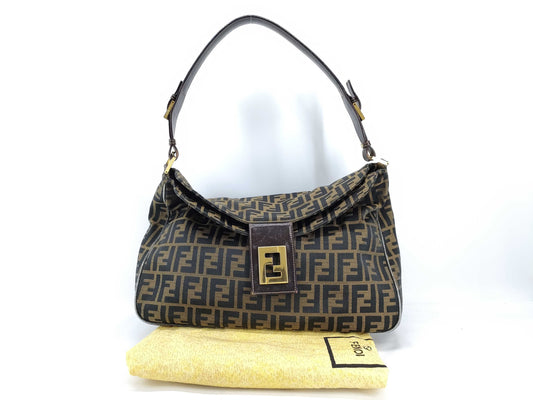 FENDI Zucca FF logo gold hardware canvas shoulder bag