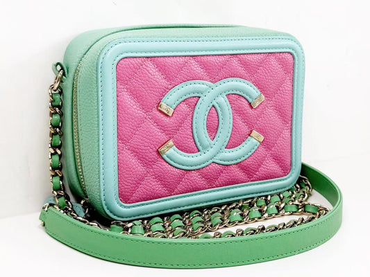 CHANEL CC Filigree Matelasse Caviar Leather Shoulder Bag in Pastel Multicolor, 15cm Wide, Approximately 27 Series, Gold Hardware, with Seal, 27017887