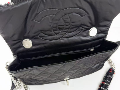 CHANEL Matelasse Black Lamé Tweed x Nylon Tanlock 2-Way Shoulder Bag, W26cm [Card and sticker included] Silver Hardware Shoulder Bag 24712517