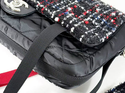 CHANEL Matelasse Black Lamé Tweed x Nylon Tanlock 2-Way Shoulder Bag, W26cm [Card and sticker included] Silver Hardware Shoulder Bag 24712517
