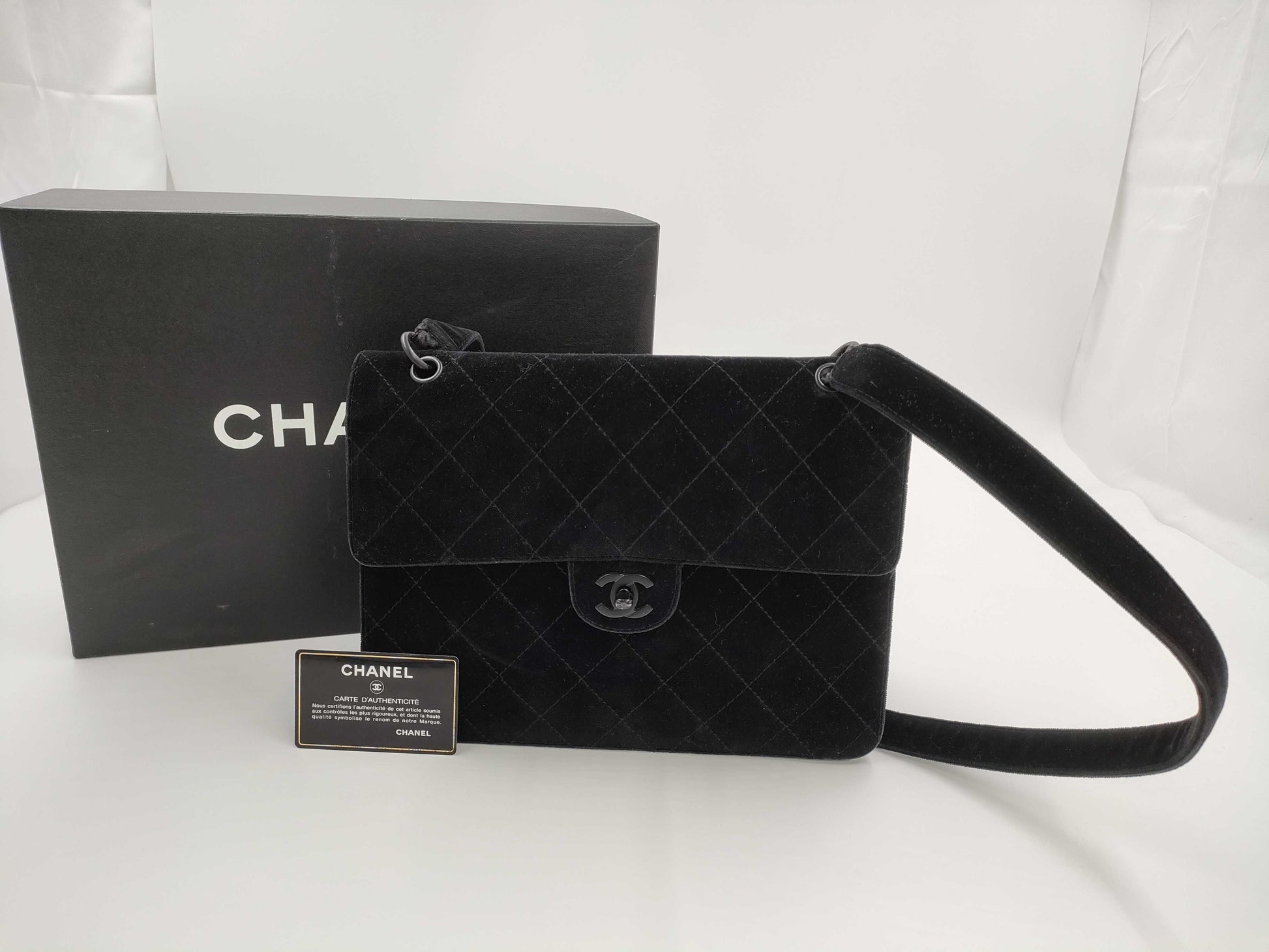 CHANEL Matelasse Velour Black Shoulder Bag with Black Hardware