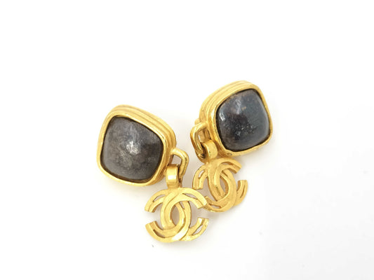 CHANEL CHANEL Coco Mark Swing Earrings with Black Stone
