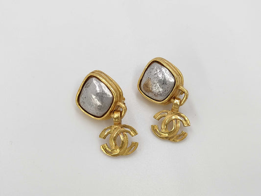 CHANEL CHANEL Gold Coco Earrings with Silver Stone