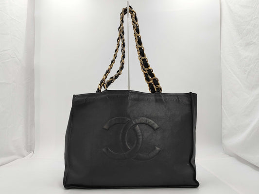 CHANEL CHANEL Leather Chain Shoulder Tote Bag with Large Coco Mark