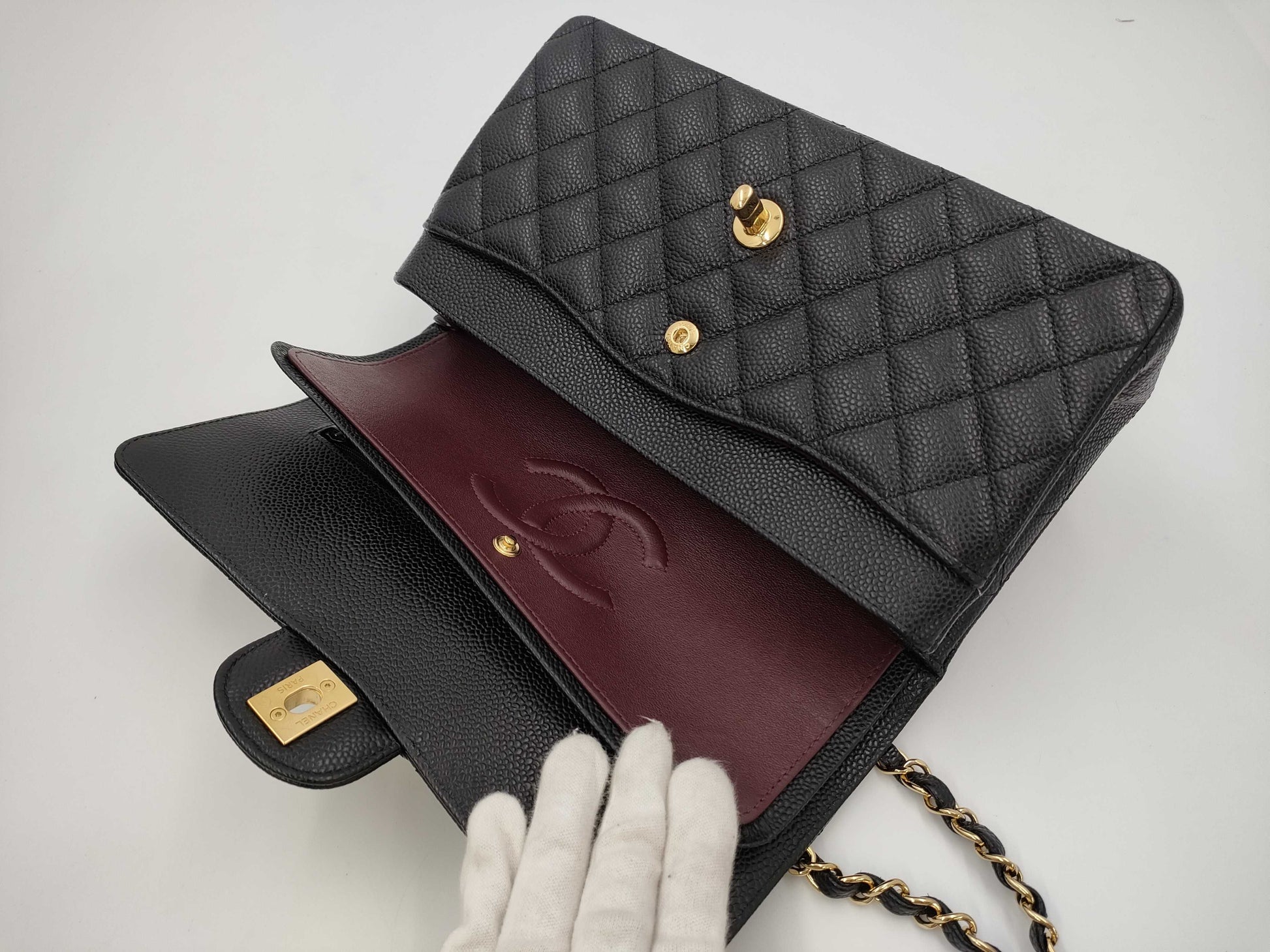 CHANEL Caviar Skin Double Flap 25 Plate Black Shoulder Bag