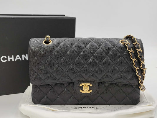 CHANEL Caviar Skin Double Flap 25 Plate Black Shoulder Bag