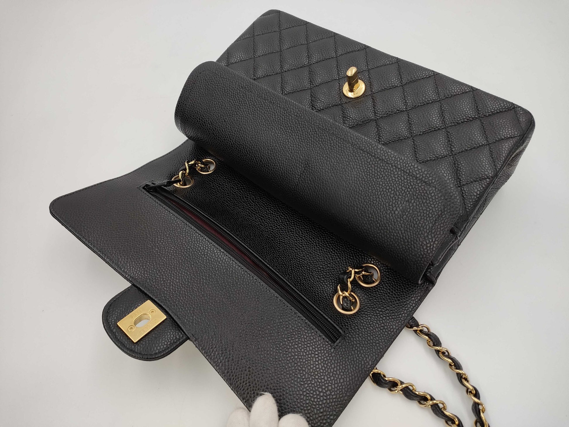 CHANEL Caviar Skin Double Flap 25 Plate Black Shoulder Bag