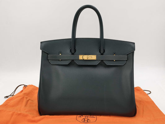 HERMES Birkin 35 Couchvel 〇Z Gold Hardware Navy Handbag