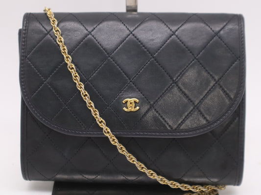 CHANEL Lambskin Mini Matelasse 17 Shoulder Bag with Small Flap, Small Chain, Gold Hardware, Black Seal, 242422