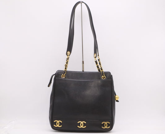 CHANEL Caviar Skin Triple Coco Black Shoulder Bag with GD Hardware, Seal, and Card Included, 2950148