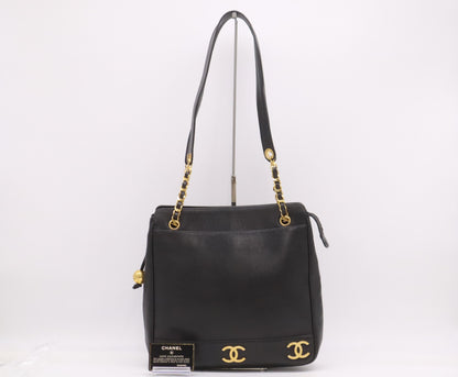 CHANEL Caviar Skin Triple Coco Black Shoulder Bag with GD Hardware, Seal, and Card Included, 2950148
