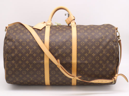 LOUIS VUITTON M41412 Monogram Keepall Bandouliere 60 Boston Bag with Shoulder Strap, Name Tag, and Poignier