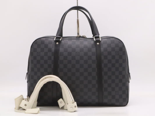 LOUIS VUITTON N51195 Damier Graphite Porte-Document Voyage Business Bag with Padlock, 2 Keys, Name Tag, Handle Cover, and Cloche