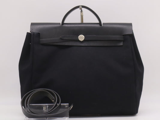 HERMES Toile Officier x Leather Air Bag MM □C Stamp 1999 Black Handbag with Padlock Strap