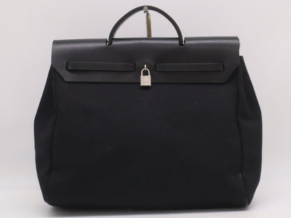 HERMES Toile Officier x Leather Air Bag MM □C Stamp 1999 Black Handbag with Padlock Strap