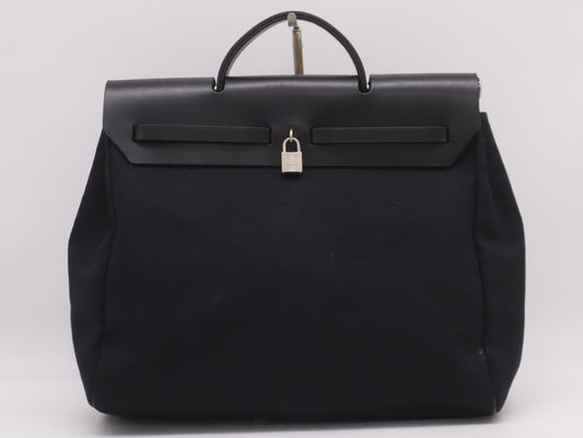 HERMES Toile Officier x Leather Air Bag MM □C Stamp 1999 Black Handbag with Padlock Strap