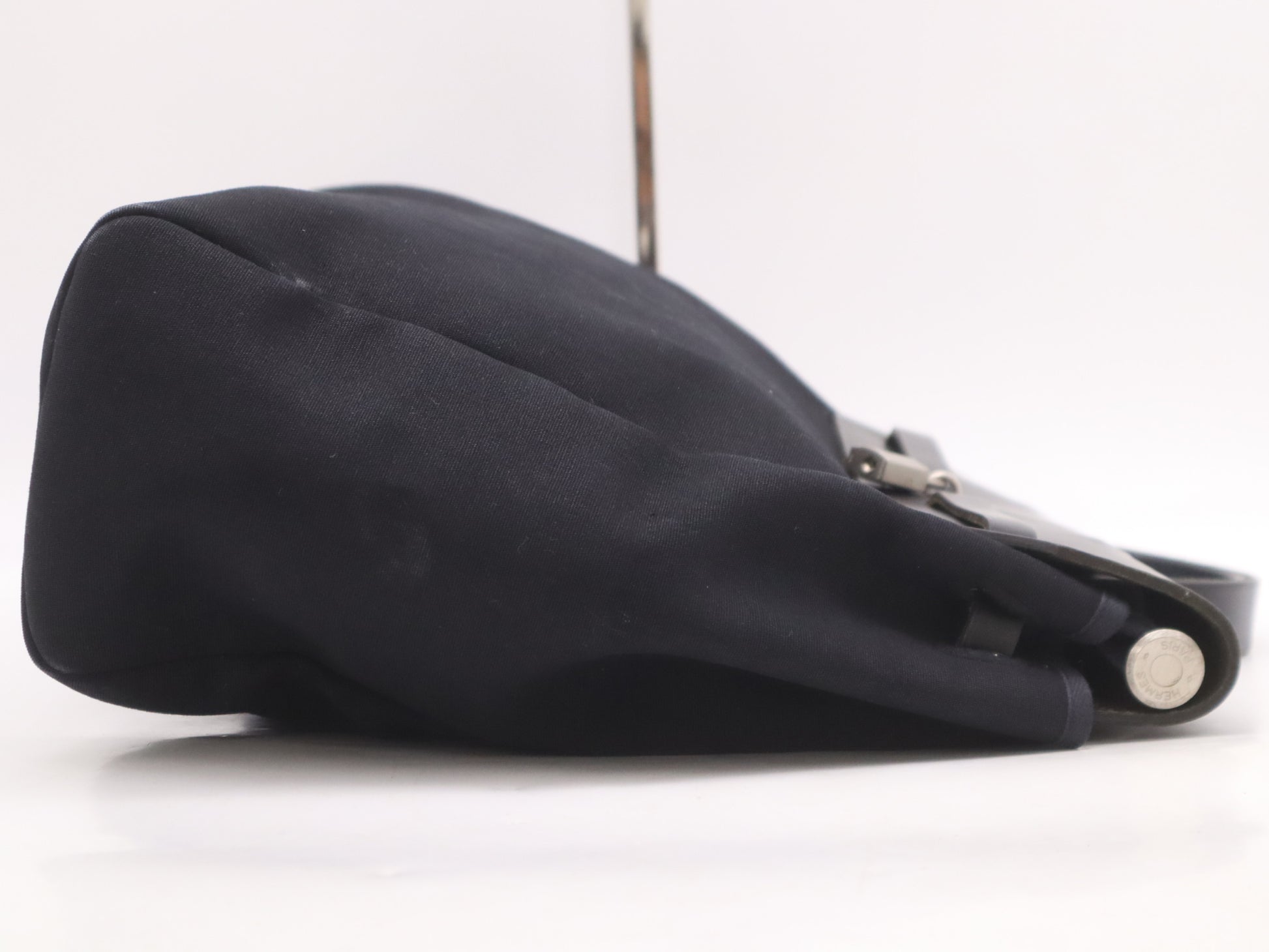 HERMES Toile Officier x Leather Air Bag MM □C Stamp 1999 Black Handbag with Padlock Strap